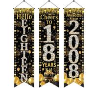 Striscione per porta per 18° compleanno, colore nero e oro, impressionante dal 2008, 3 pezzi da 1,2 x 0,3 m Hello Eighteen and Cheers to 18 Years forniture per feste
