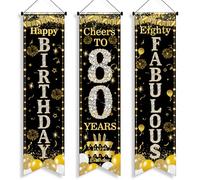 Striscione per porta per 80° compleanno, 3 pezzi, nero e oro, 80° compleanno felice 80° compleanno Cheers to 80 anni, 1,2 x 0,3 m, cartello per portico per 80 anni, uomini e donne, forniture