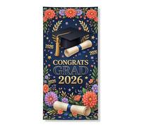 Striscione per porta per celebrazione della laurea, elegante design floreale con cappello e pergamene, decorazione festiva primaverile per eventi speciali, 91 x 183 cm