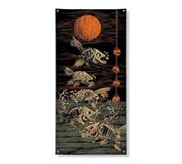 Striscione per porta vintage a forma di scheletro di pesci, motivi artistici arancioni e neri, decorazione per porta d'ingresso, per interni ed esterni, per festival e vacanze, 91 x 182 cm