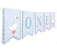 Striscione per primo seggiolone One Silly Goose - Blue Gingham One Silly Goose decorazioni per il primo compleanno, decorazione a tema per la prima festa del bambino, seggiolone (blu)
