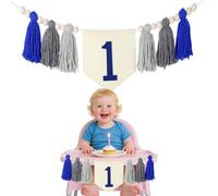 Striscione per seggiolone fatto a mano in stile bohémien, con nappe blu, per ragazzi, sfondo per torte e baby shower, decorazione con perline di legno, riutilizzabile, accessorio per foto, lavabile