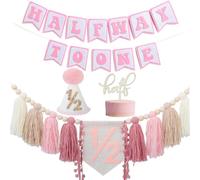 Striscione per seggiolone per primo compleanno, decorazione per primi ragazzi, cappello a cono cachi con un topper per torta sfondo fotografico (mezzo rosa)