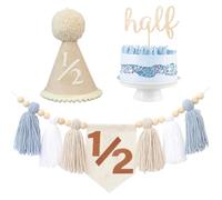 Striscione per seggiolone per primo compleanno, decorazione per primi ragazzi, cappello a cono kaki con una decorazione per torta (blu 1/2)
