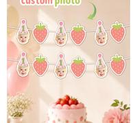 Striscione personalizzato con viso e fragola per compleanno dolce, ghirlanda di cappellini da festa personalizzati rosa a scacchi con numero uno, decorazione appesa per il primo compleanno a tema bacc