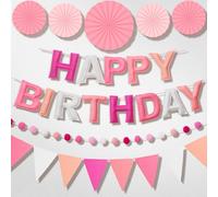 Striscione pre-incordato di buon compleanno, decorazioni riutilizzabili per feste di compleanno, effetto 3D, con ghirlanda di palline in feltro, bandiera a pennant, ventagli di carta da appendere, per