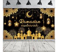 Striscione Ramadan Mubarak 2025, sfondo extra large in tessuto Eid Kareem per decorazioni, 183 x 111 cm, stelle, luna, lanterne, castelli, sfondo per cabina fotografica islamica musulmana Al-Fitr