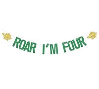 Striscione Roar I'm Four, Striscione per festa di 4° compleanno con dinosauro, forniture per festa di compleanno per 4° compleanno, oro verde glitter