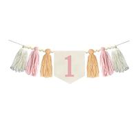 Striscione rosa per il primo compleanno per bambina, a forma di scudo con perline di legno e nappe di cotone, corda da 2 m, stile fattoria, decorazioni per seggiolone di un anno, forniture per feste