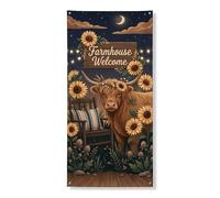 Striscione rustico per porta, decorazione vintage con girasole e mucca, decorazione di benvenuto, per interni ed esterni, decorazione da appendere per festival autunnali, 91 x 182 cm