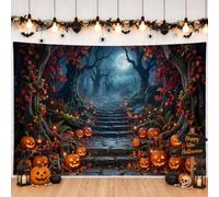 Striscione spettrale con zucche della foresta con sentiero Jack-o'-Lanterns | Sentiero di pietra, sfondo fotografico, foresta autunnale, luna piena, fogliame autunnale, decorazione per la casa stagionale
