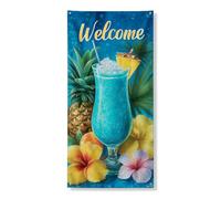 Striscione tropicale per porta di benvenuto, colore blu brillante, con ananas e ibisco, decorazione per porta d'ingresso, decorazione per interni ed esterni, per feste estive, 91 x 183 cm