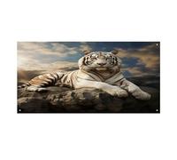 Striscione versatile per eventi, maestosa tigre appoggiata su una roccia con stampa nuvolosa durevole banner per eventi vibranti decorazione per eventi aziendali, feste e grandi aperture