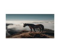 Striscione versatile per eventi, stampa con cavallo sulla cima della montagna, durevole striscione per eventi, decorazione vivace per eventi aziendali, feste e grandi inaugurazioni