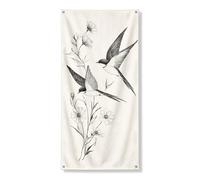 Striscione vintage con rondine e uccellini floreali, decorazione retrò nera e bianca, decorazione per interni ed esterni, da appendere alla parete, 91 x 183 cm