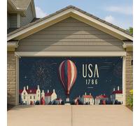Striscione vintage per la porta del garage con mongolfiera per il giorno dell'indipendenza degli Stati Uniti, grande decorazione patriottica per la casa per feste estive all'aperto, 390 x 180 cm