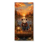 Striscione vintage rustico per opossum, scena autunnale con pesca al tramonto e scena di pesca, decorazione per porta d'ingresso, decorazioni stagionali per esterni e interni, 91 x 183 cm
