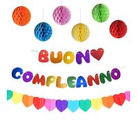 Striscioni Buon Compleanno Festone Banner Bandiera Bandierine Happy Birthday in Italiano Ghirlanda di Cuore Sfere di Carta Addobbi Set Decorazioni Multicolore per Festa di Compleanno