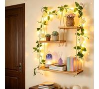 Strixorn Mensola Sospesa in Legno, 3 Ripiani Mensole da Muro in Legno con Luci LED e Edera Artificiale, Macrame da Parete Boho, Mensole da Esterno per Piante, Soggiorno, Camera da Letto, Bagno
