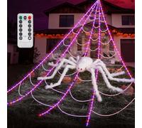 Strixorn Ragnatela Mostruosa 5M con 250 Luci LED Viola, Ragno Bianco da 1,25M, 20 Ragni e Ragnatele, 8 Modalità, Telecomando, Impermeabile per Decorazioni Halloween Esterno