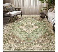 Strloepr Tappeto extra large 2 x 3,7 m, motivo floreale con medaglione vintage, verde, 200 x 365 cm, lavabile, per soggiorno, casa colonica, decorazione per pavimenti, antiscivolo