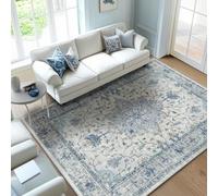 Strloepr Tappeto extra large 2 x 3,7 m, motivo floreale vintage beige, grigio, bianco, azzurro, 200 x 365 cm, lavabile, per soggiorno, casa colonica, decorazione per pavimenti