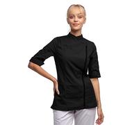 strongAnt Giacca da cucina da donna, a maniche corte, elasticizzata, con bottoni a pressione o chiusura lampo, Nero con chiusura lampo, S