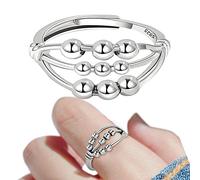 Stronrive Argento Anti Ansia Anelli per Le Donne | Anello da Donna con Perline Spinner | Anello Aperto con trasferimento di Perline a Croce a Tre Strati Anello con Punta delle Dita a Nove Perline