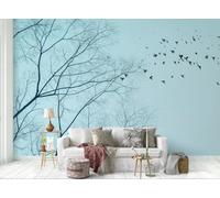 STROXTH WALLPAPER Carta da Parati 350cmx245cm Paesaggio naturale Murale Con Uccelli In Volo Su Alberi Secchi Nel Cielo Blu Al Mattino Presto 3D Soggiorno Camera da Letto Murale