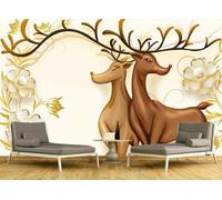 STROXTH WALLPAPER Carta da Parati 430cmx300cm Fiori Sfondos Con Gioielli Bianchi Fiori Coppia Di Cervi E Sfondo Beige 3D Soggiorno Camera da Letto Murale