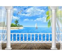 STROXTH WALLPAPER Carta da Parati Fotografia Paesaggio Marino Oltre La Finestra 200cmx140cm Cielo Blu Moderno, Nuvole Bianche, Scenario Oceanico 3D Soggiorno Camera da Letto Murale