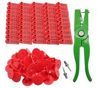 Strumento applicatore per etichette auricolari per bestiame, pecore, capre, maiali, pinze in lega di alluminio con 100 etichette numerate 001-100, 24 cm, verde, rosso, blu, giallo, arancione (rosso)