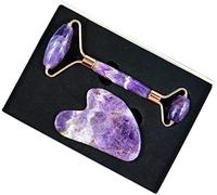 Strumento di massaggio for la cura del viso in pietra grezza ametista Rullo di ametista Set for massaggi Gua Sha Massaggiatore di giada di cristallo naturale Massaggiatore for il viso del collo del co