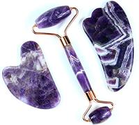 Strumento di massaggio for la cura del viso in pietra grezza ametista Rullo di ametista Set for massaggi Gua Sha Massaggiatore di giada di cristallo naturale Massaggiatore for il viso del collo del co