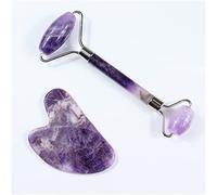 Strumento di massaggio for la cura del viso in pietra grezza di ametista Rullo di ametista Gua Sha Set di massaggi Massaggiatore di giada di cristallo naturale Viso Corpo Collo Pelle Bellezza Detox Co