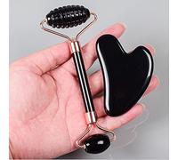 Strumento di ossidiana nera Rullo facciale Gua Sha Tools Set Massaggio massaggiatore di cristallo di pietra naturale, 2 pezzi non scatola Collezioni di casa