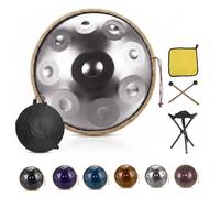 Strumento Handpan 10 Note Re Minore 440Hz, Tamburo Armonico 55 cm in Acciaio Nitrurato per Esibizioni dal Vivo, Percussioni Professionali con Cavalletto(D'argento,440HZ/10Note)
