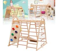 Struttura da arrampicata multifunzionale 7 in 1, in legno massello, con scala di arrampicata, scivolo a piastra, rete da arrampicata e anelli. Utilizzabile anche 134 x 120 x 120 cm