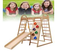Struttura da arrampicata multifunzionale 7 in 1 in legno massello e faggio con altalena, scivolo, rete da arrampicata, anelli e tenda da gioco 134x120x120 cm
