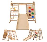 Struttura da arrampicata multifunzionale 7 in 1 in legno massello e faggio con altalena, scivolo, rete da arrampicata, anelli e tenda da gioco 134x120x120 cm