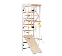 Struttura da arrampicata per bambini, parete da arrampicata in legno con scivolo, altalena, scala per arrampicarsi, area di trazione, anelli, attrezzatura da gioco, parete da palestra