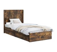 Struttura del letto con stoccaggio e testiera Rovere Fumo moderno con contenitore e testata integrata in legno ingegnerizzato per camera da con vani portaoggetti sotto il pulire, 97x203x100 cm