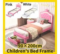 Struttura del letto per bambini 90x200cm con cassetto e luce, testiera con Design a corona in PU, struttura del letto singola, mobili per camera da letto, senza materasso Pink
