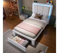 Struttura letto 90 x 200 cm, con rivestimento in velluto Teddy, telaio in ferro e legno, testiera regolabile, luce d'atmosfera regolabile, porta USB, struttura moderna