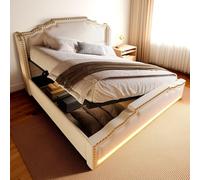 Struttura letto Cayipng 140 * 200 con rivestimento in velluto, letti a piattaforma LED con contenitore idraulico, connessione di ricarica USB-C, senza materasso, Beige