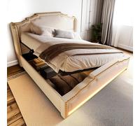 Struttura letto Cayipng 160 * 200 con rivestimento in velluto, letti a piattaforma LED con contenitore idraulico, connessione di ricarica USB-C, senza materasso,Beige