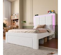 Struttura letto con rivestimento in velluto Teddy, 90 x 200 cm, telaio in ferro e legno, testiera regolabile, luce d'atmosfera regolabile, porta USB, struttura moderna