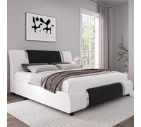 Struttura letto deluxe imbottita in ecopelle con testiera, supporto a doghe in legno, senza bisogno di molle, facile da montare, queen size, bianco nero