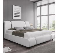 Struttura letto deluxe imbottita in ecopelle con testiera, supporto a doghe in legno, senza bisogno di molle, facile da montare, matrimoniale, colore bianco