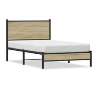 Struttura Letto in Metallo con Testiera in Rovere Affumicato, Robusta Struttura della Piattaforma in Acciaio, Spazio Sotto il (100 x 200 cm con testiera e pediera bassa)